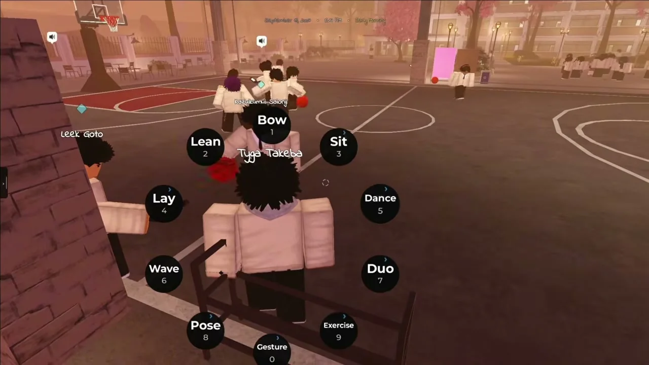 Gakuran Roblox basketball court with hoop and ball visible, and the emote radial menu open
