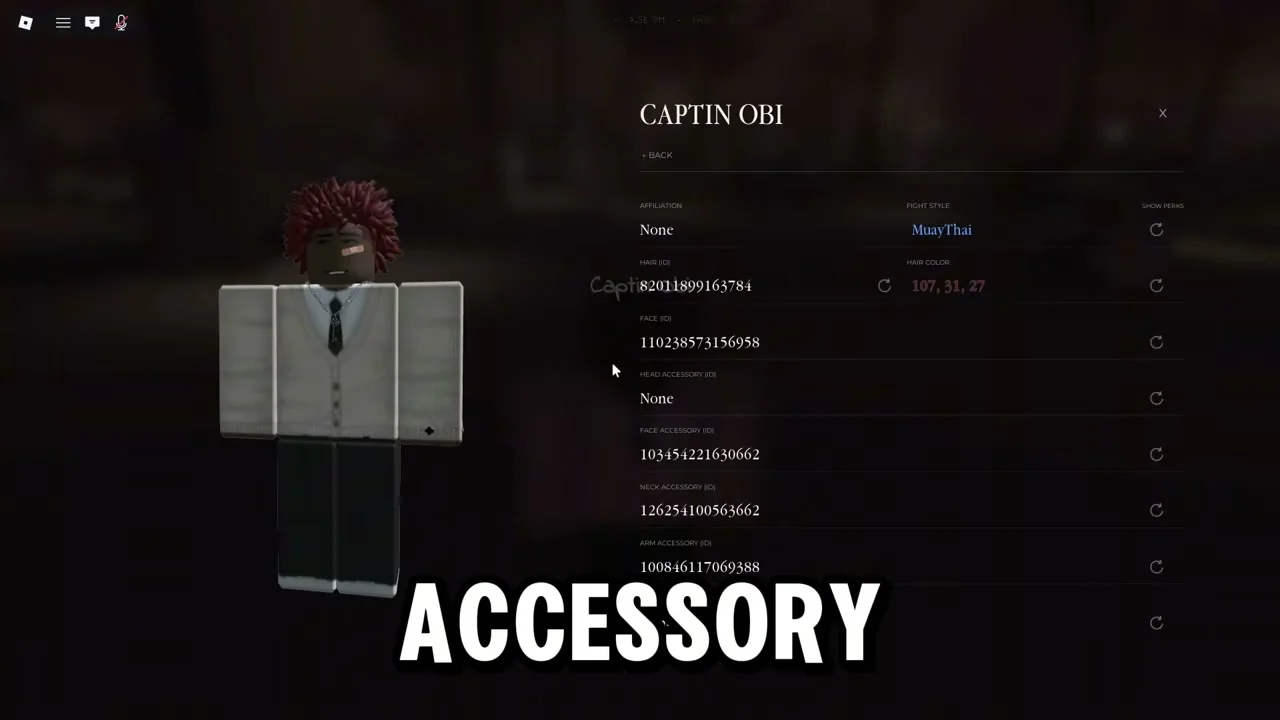 Gakuran Roblox second character page showing fight style, hair ID, hair color, face ID, and accessory ID fields