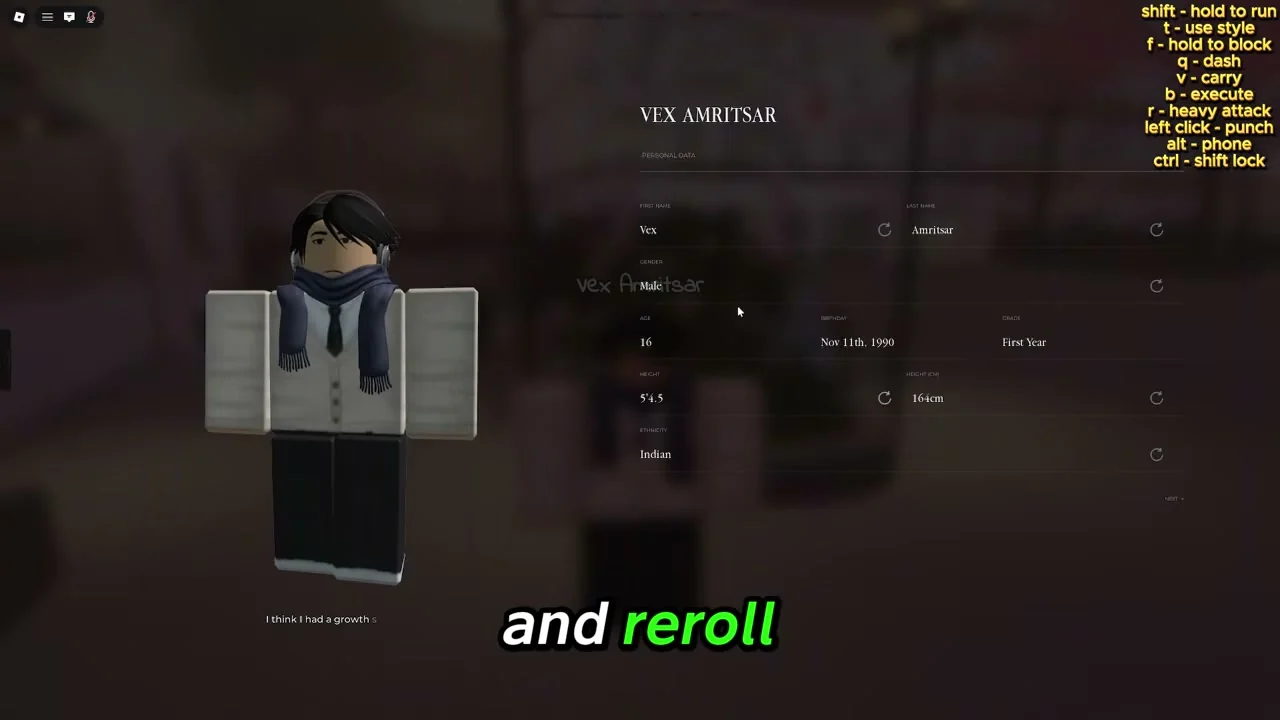 Gakuran Roblox character stats reroll screen showing name, gender, age, birthday, grade, height, and ethnicity fields