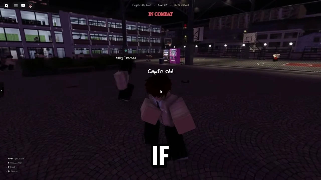 Two Gakuran Roblox characters fighting near the basketball court with the IN COMBAT status indicator visible