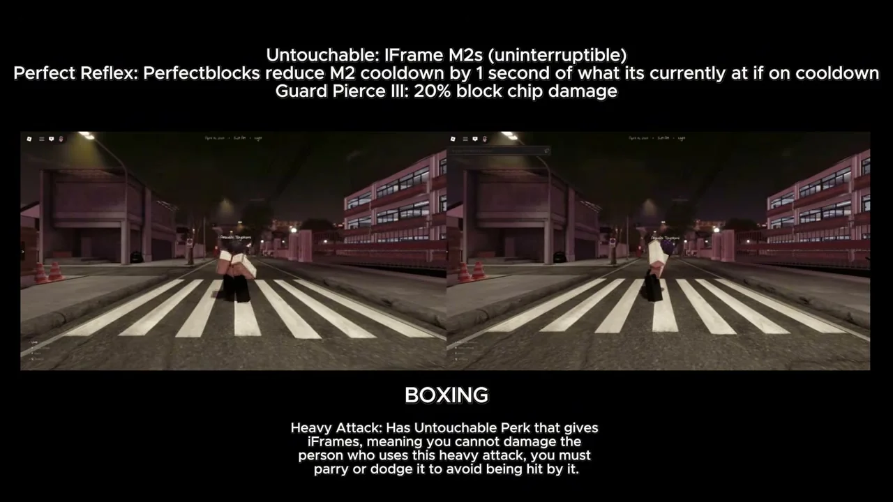 Gakuran Boxing fighting style perk breakdown showing Untouchable, Perfect Reflex, and Guard Pierce III