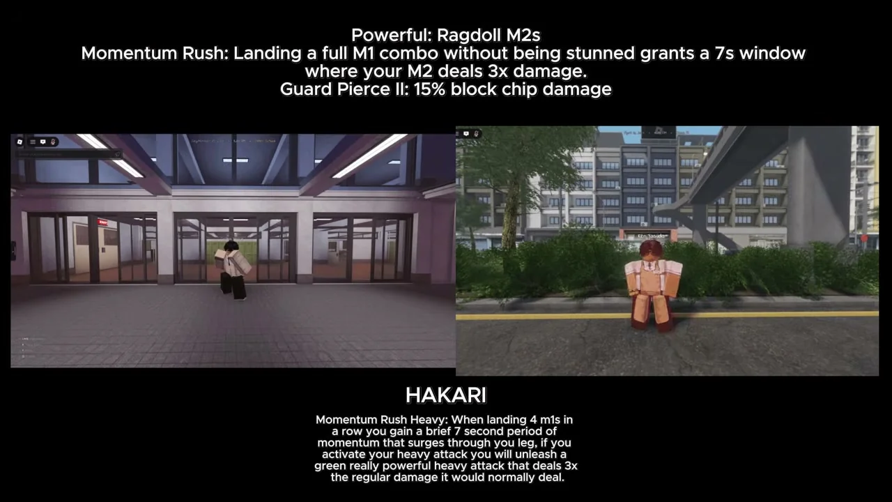 Gakuran Hakari fighting style perk breakdown showing Powerful, Momentum Rush, and Guard Pierce II