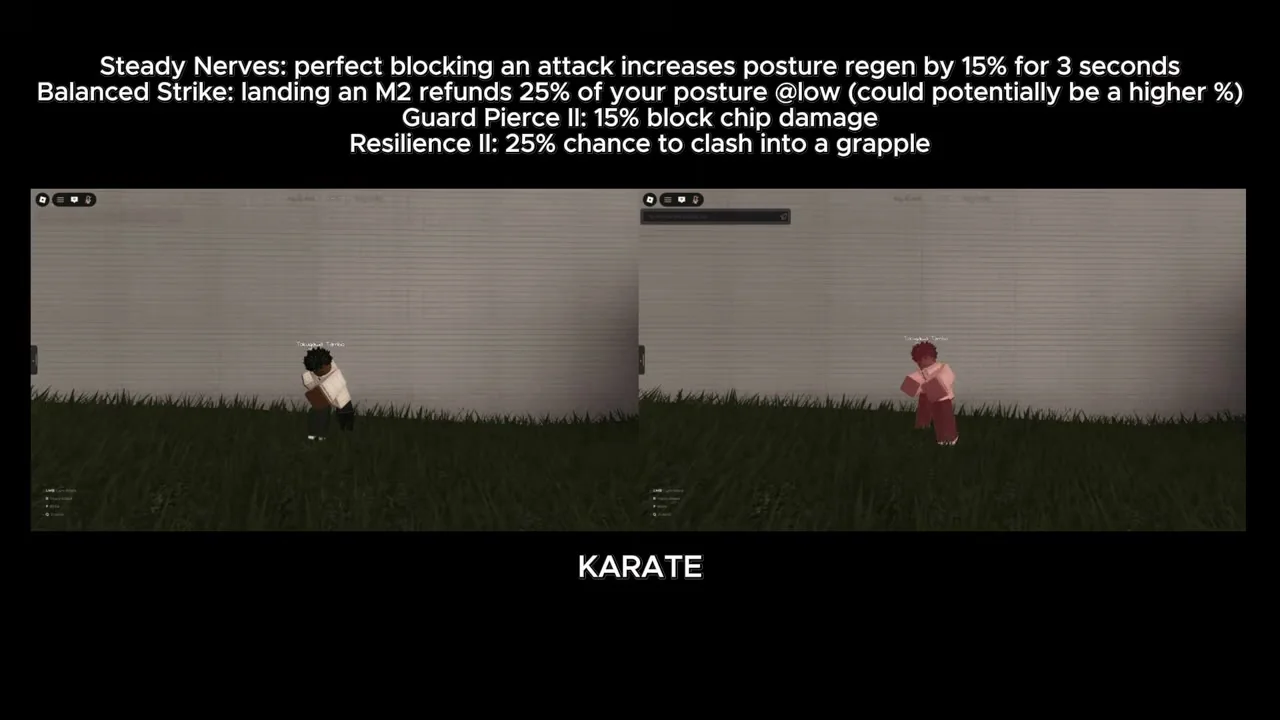 Gakuran Karate fighting style perk breakdown showing Steady Nerves, Balanced Strike, and Guard Pierce II