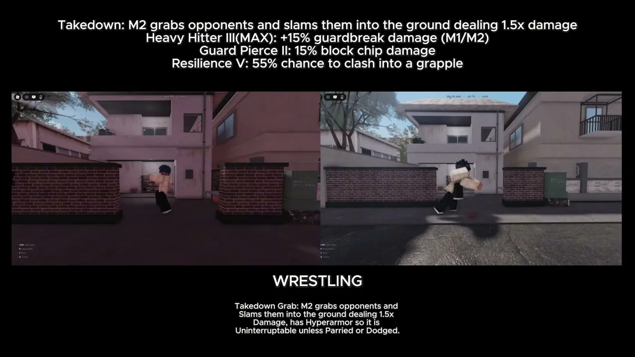 Gakuran Wrestling fighting style perk breakdown showing Takedown Grab, Heavy Hitter III, and Resilience V