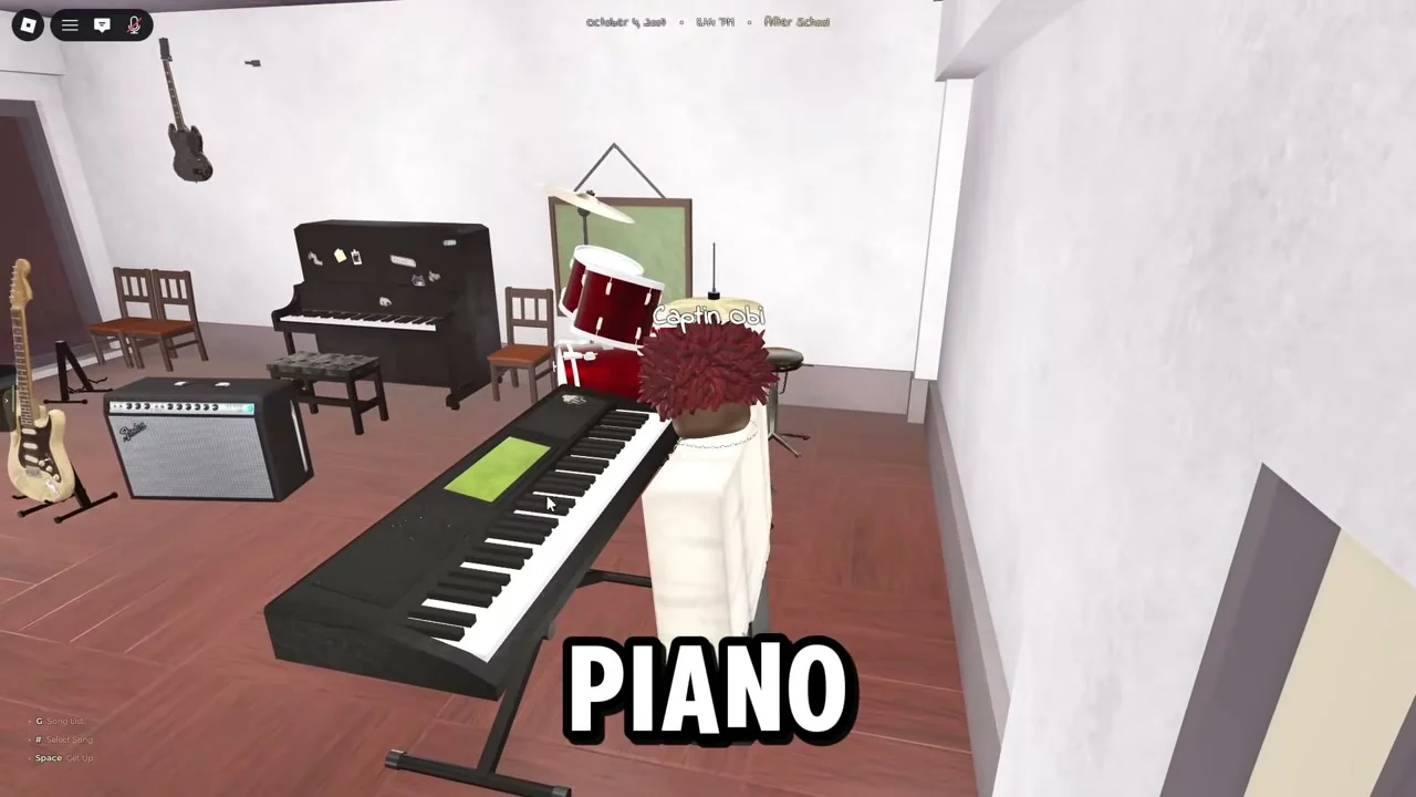 Gakuran Roblox music room with piano, drum kit, and two guitars, with song controls visible